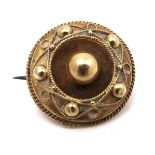 A Victorian Etruscan Revival style brooch, finely worked in yellow metal, with later steel pin, 2.