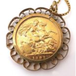 A Victoria Old Head sovereign, 1897, in a 9ct gold scroll pendant mount with 9ct gold chain, 13.8g