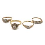 Four 9ct gold dress rings, a seven white stone daisy ring, size P/Q, a solitaire cubit zirconia