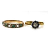 An 18ct gold, diamond and sapphire flowerhead ring, the central 0.06ct brilliant cut diamond