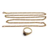 A 9ct gold chain necklace, 70cm long, 10.2g together with a 9ct gold garnet dress ring, size P/Q,