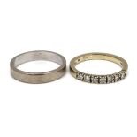 An 18ct gold wedding band, size M, 3.4g, together with a 14ct gold half eternity ring set with seven