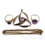 A 9ct gold and amethyst set pendant, the stone 10mm, 4.2cm across, 5.6g, together with a yellow