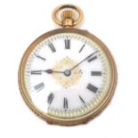 A Continental 14ct gold lady's open faced pocket watch, keyless wind, with white enamel dial with
