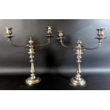 A pair of silver plated on copper twin branch candelabra, 20th century, with removable branches