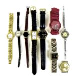 A group of nine watches, including a Raymond Weil rectangular faced watch with Roman numerals, a