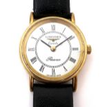 A Longines 9k gold cased lady's wristwatch, circa 1990, circular white dial with black Roman