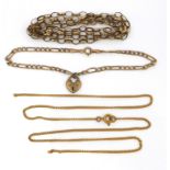 Two 9ct gold chain necklaces, a chain necklace 50cm long overall, a figaro chain bracelet with