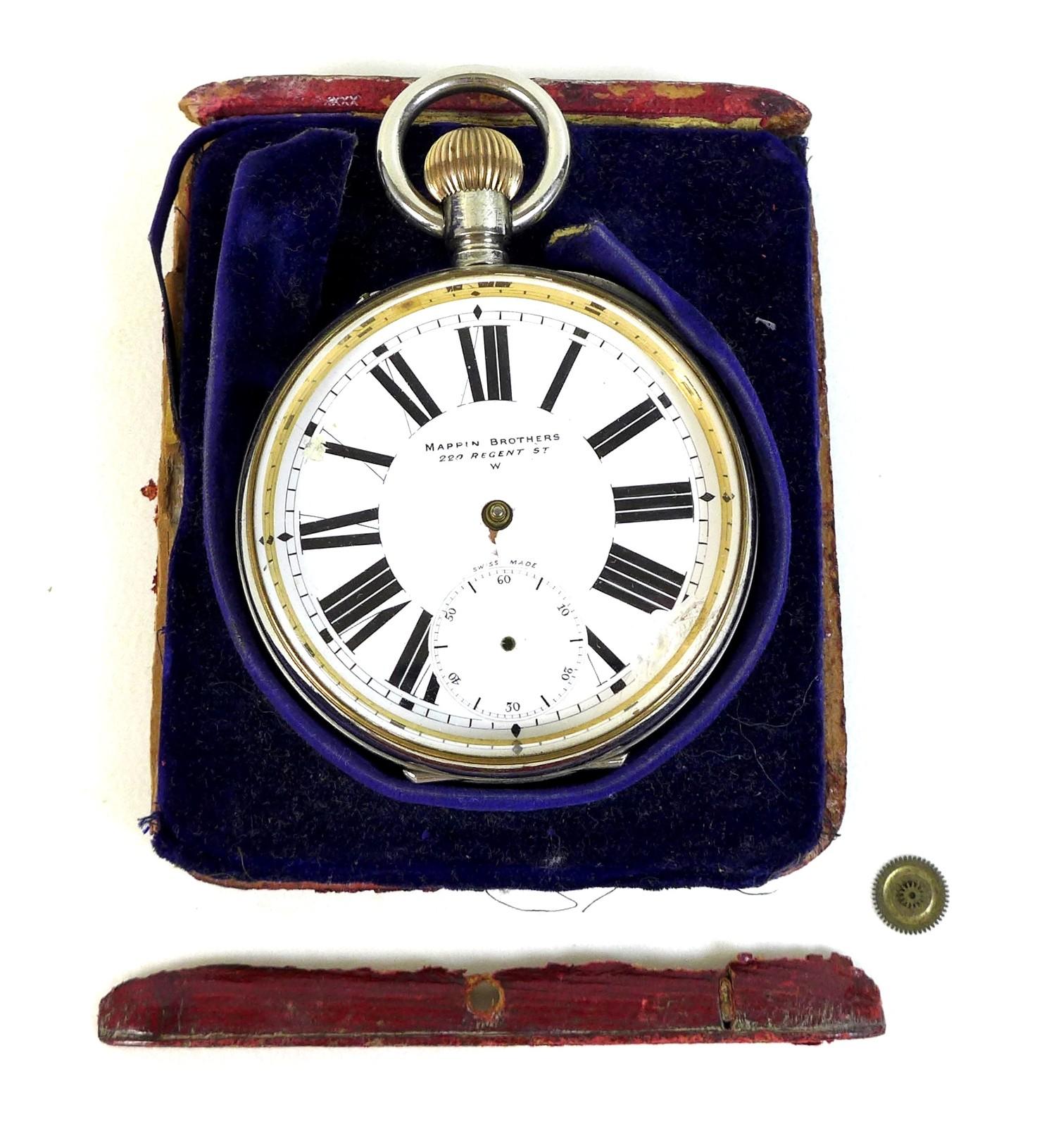 A late Victorian silver cased travel clock, with easel frame and silver front, containing an - Image 2 of 2