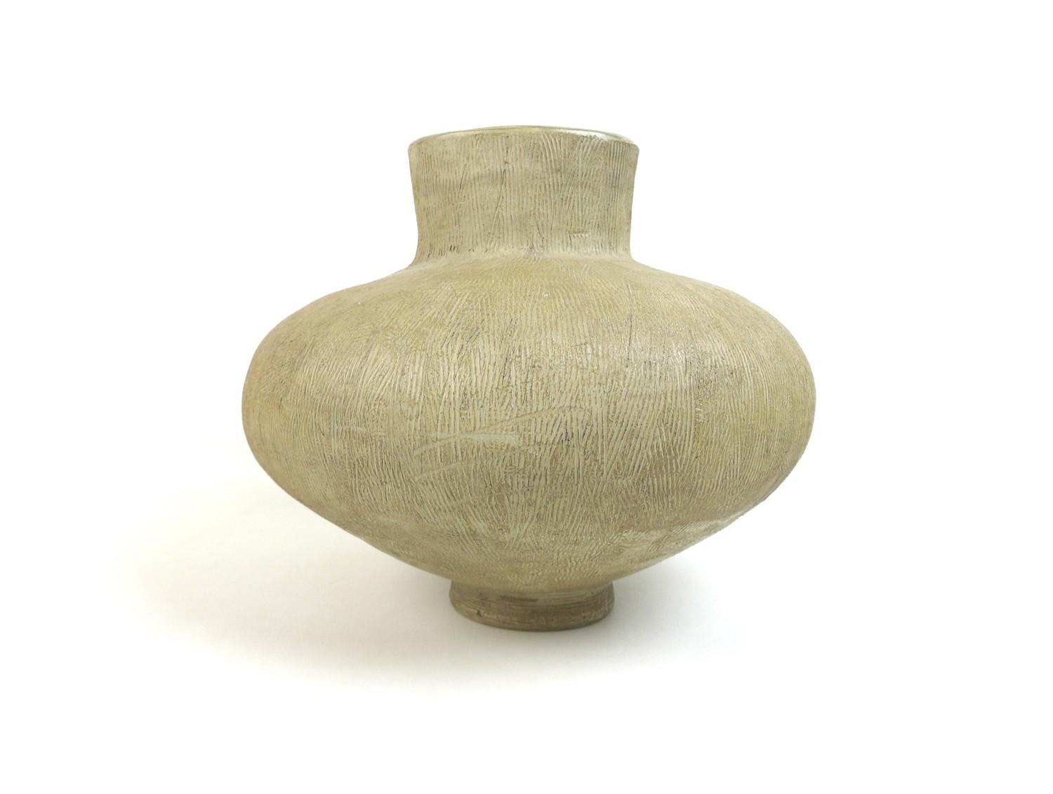 A large studio pottery vase, of compressed ovoid form with pronounced oval section mouth,