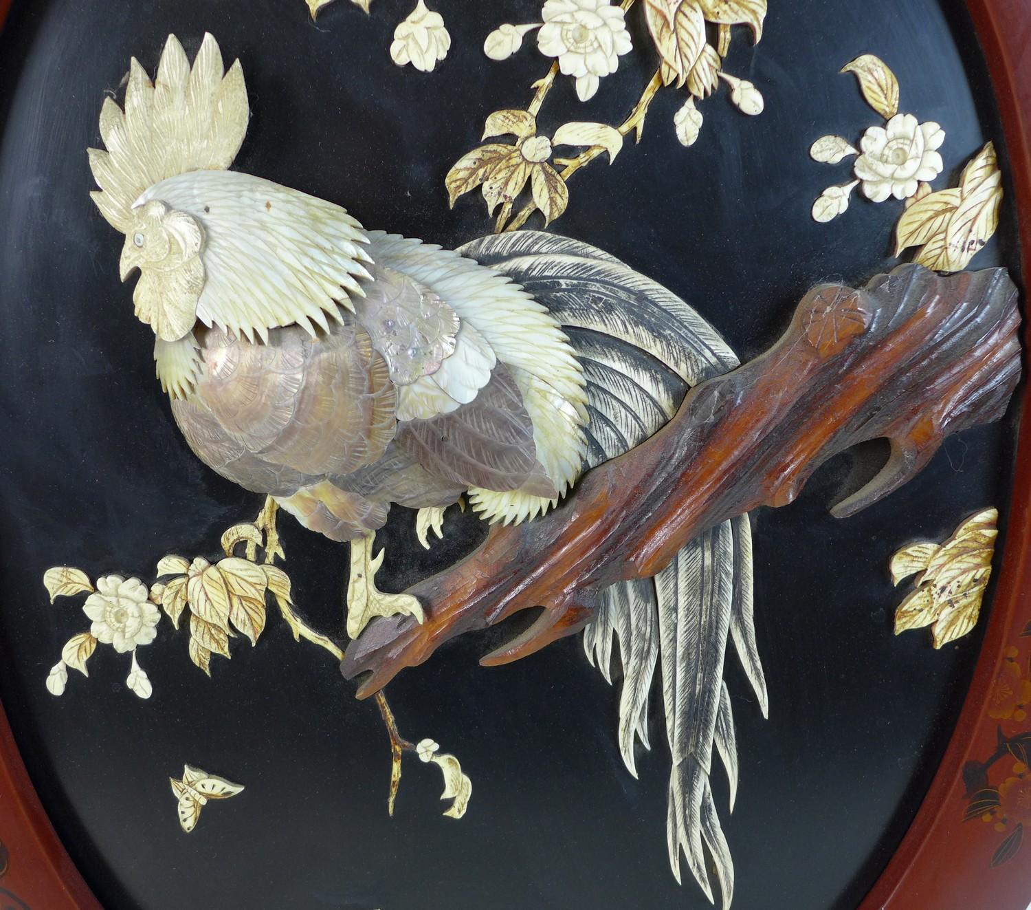 A Japanese oval wall plaque, mid to late 20th century, with relief carved and applied decoration - Image 2 of 5