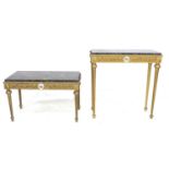 Two modern French style tables, with rectangular marble surfaces, carved gilt style frames set