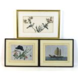 A group of three Chinese 'rice paper' paintings, 19th century, comprising one depicting two bids