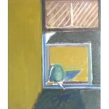 A decorative 20th century abstract oil painting of a window, signed indistinctly lower left,
