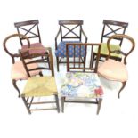 A group of seven assorted dining and side chairs, comprising two Victorian balloon backed chairs,