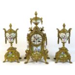 A French 19th century gilt metal clock garniture, with painted porcelain panels, urn surmount, 8 day