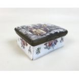 A small 19th century enamel trinket box, hand painted decoration, its lid with a gentleman playing a