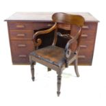 A 1940s oak pedestal desk with a central drawer flanked by two banks of three drawers, together with