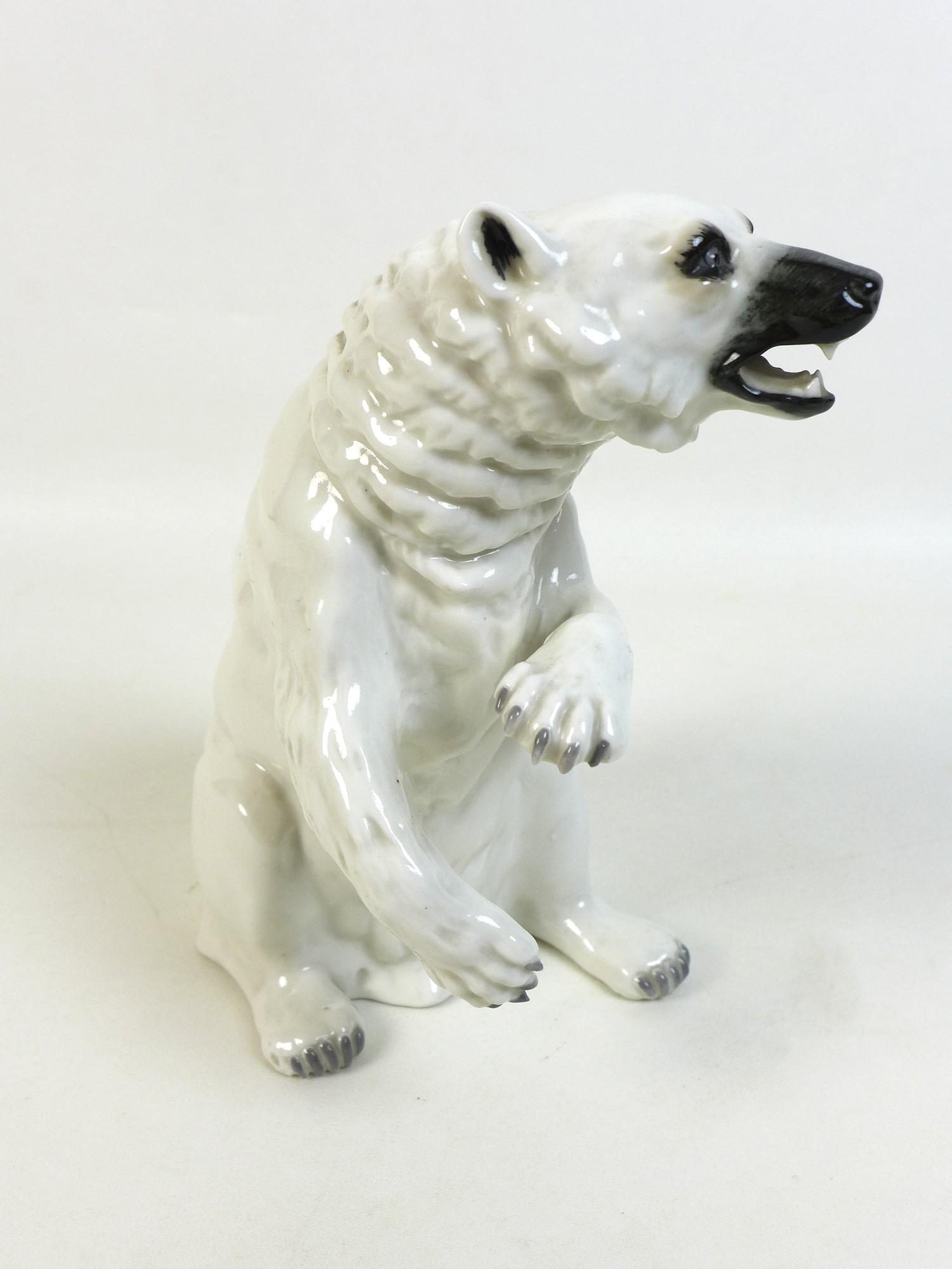 A 20th century Sitzendorf Polar bear figurine, the bear posed bearing teeth and rearing up from - Image 2 of 9