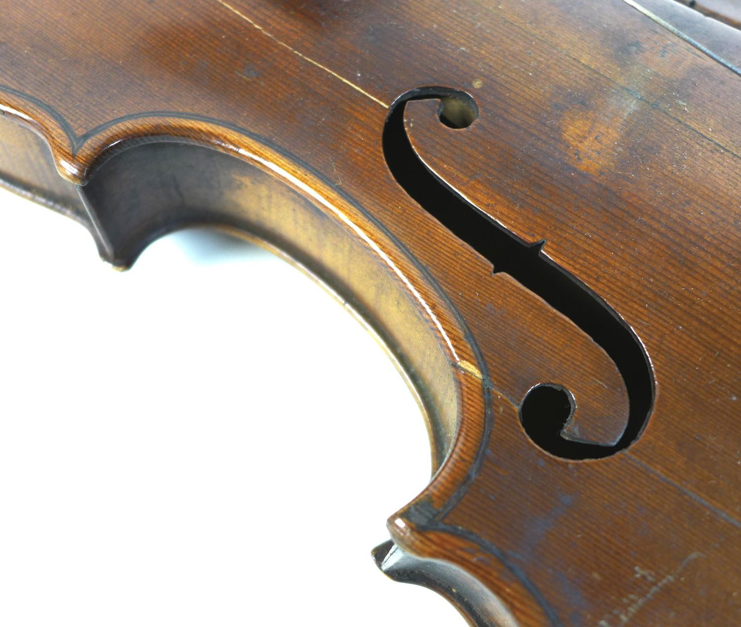 A 19th century violin, full size 4/4, well carved scroll, two piece back, outlined throughout with - Image 17 of 23