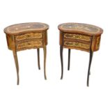 A pair of modern reproduction French kidney shaped bedside cabinets, marquetry inlaid, two