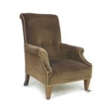 An Edwardian armchair, brown velvet upholstery, raised on tapering square section legs, 73 by 69
