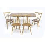 A set of four Ercol ash and elm chairs, 38.5 by 44.5 by 78.5cm high, together with a drop leaf
