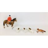 A group of Beswick fox hunting figurines, comprising huntsmen seated upon a horse, 23 by 8 by 21cm