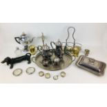 A collection of silver plated and metal items, including an electric kettle, a pair of tankards,