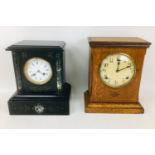 A Victorian slate mantle clock, R. Russell with Roman numeral dial, eight day movement, 24 by 15