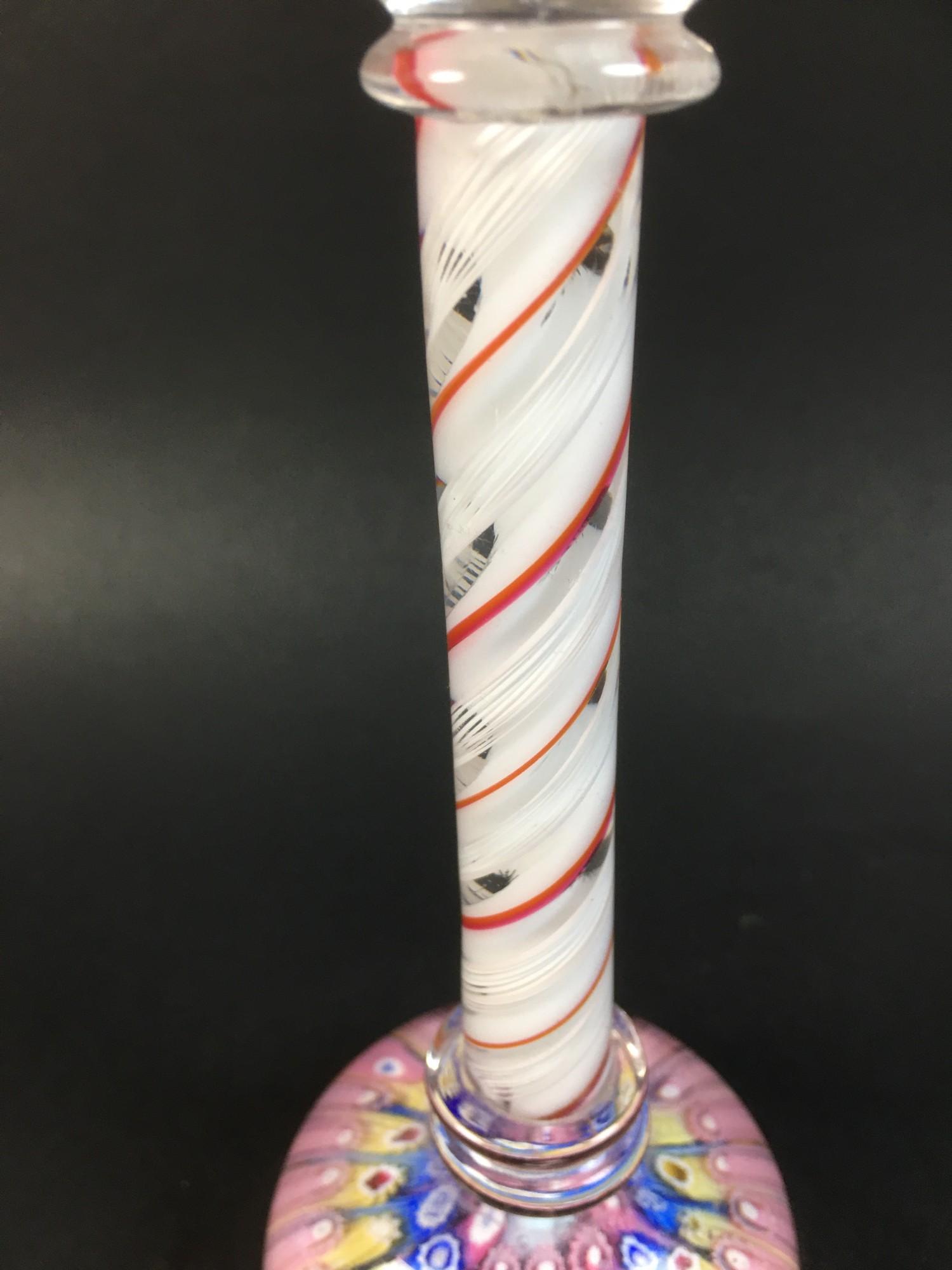 A glass candlestick with candy twist stem in white red and clear glass and millefiore paperweight - Image 2 of 3