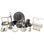 A collection of silver plated and pewter wares, including a pewter Doctor's lamp