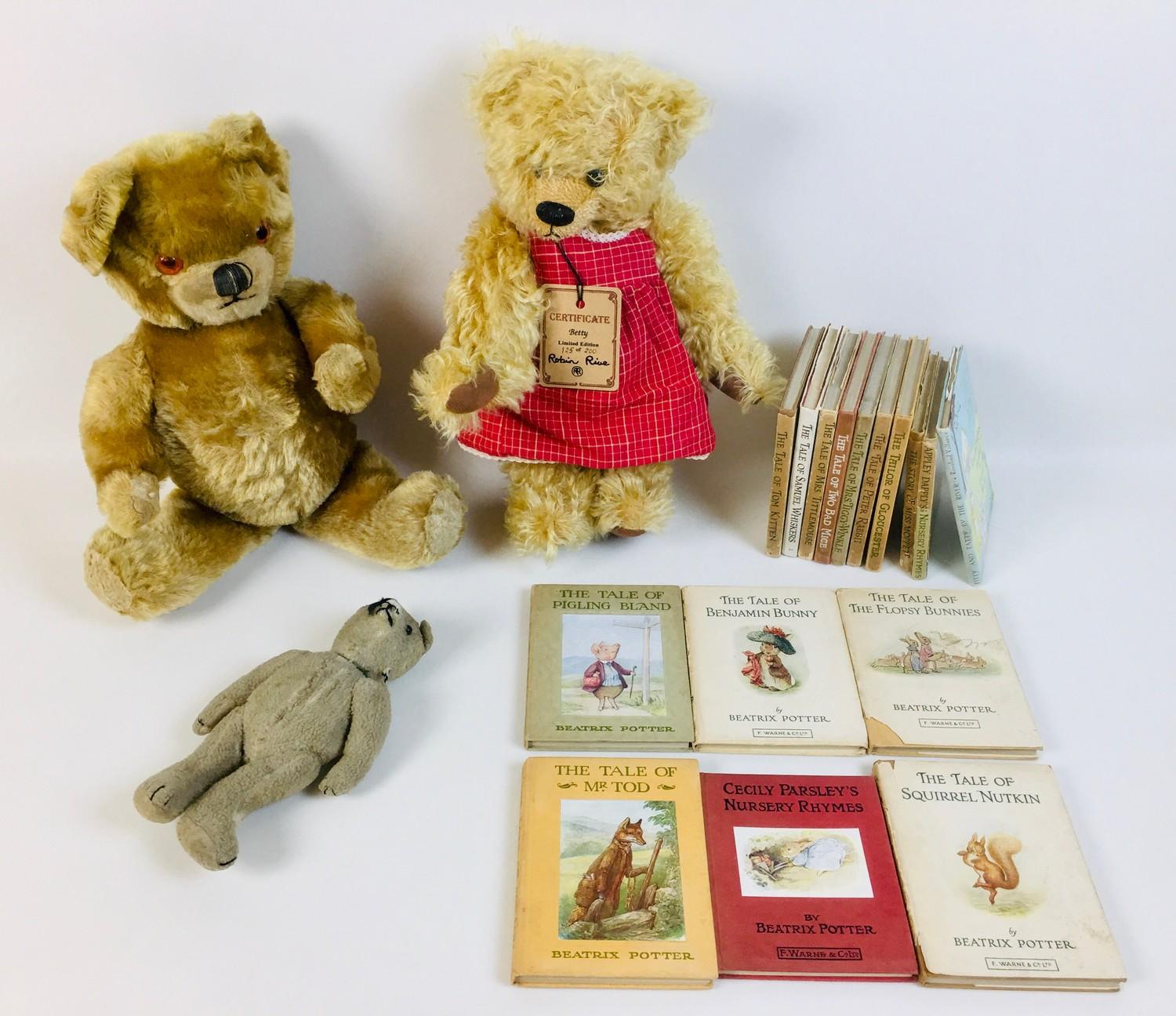 A group of three soft toy teddies, comprising a limited edition Robin Rive Betty teddy in a red