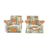 A pair of modern armchairs, upholstered in bright floral fabric, 87 by 93 by 75.5cm high. (2)