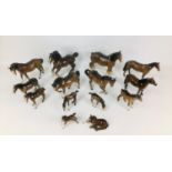 A group of fourteen Beswick horses, including two mares with raised forelegs, one with repair to