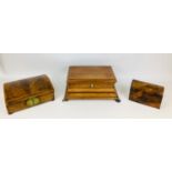 Three 19th century wooden boxes, comrpising a Georgian walnut tea caddy, with a domed top, its