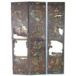 A 19th century painted leather panel, originally from a room screen, decorated in Chinese style with