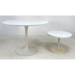 Two retro white tulip style tables after Eero Saarinen, with single stem bases, the largest, a retro