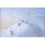 An unusual 19th century chromolithograph, depicting a group of four mountaineers summiting a snow