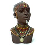 A modern African bust, modelled as an African woman, incised signature 'LB', a/f head previously