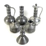 A group of six pieces of Norwegian pewter, comprising a candlestick, unmarked, a lidded ewer,