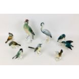 Seven Karl Ens porcelain bird figurines, including a large woodpecker, 7527, a Heron, 7300, a pair
