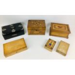 Six 19th century and later wooden boxes, comprising a Tunbrdge ware jewellery box with single