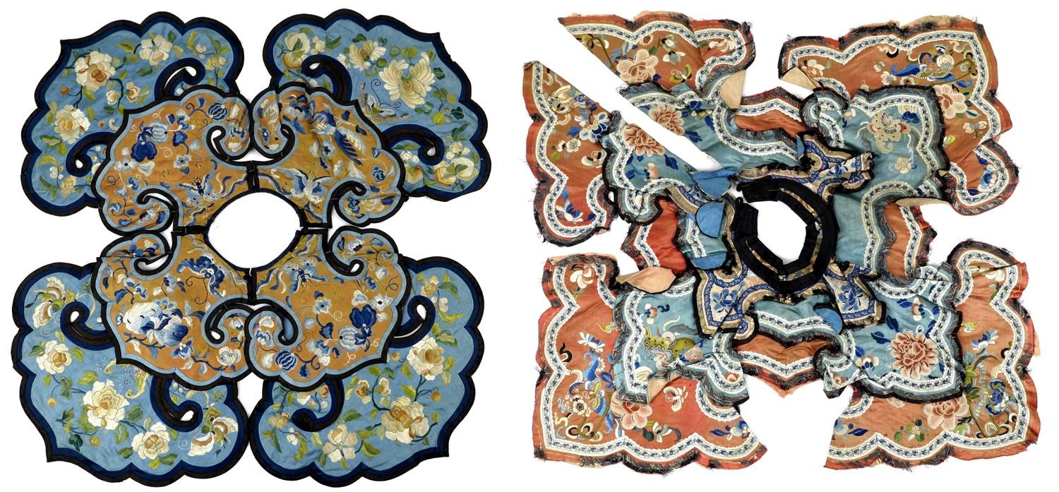Two Chinese embroidered satin cloud collars, early 20th century, Peking knot stitch, each with two
