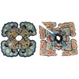 Two Chinese embroidered satin cloud collars, early 20th century, Peking knot stitch, each with two