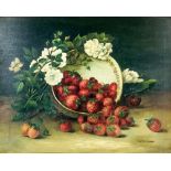 British School (early 20th century): still life bowl of strawberries and white flowers, in the style