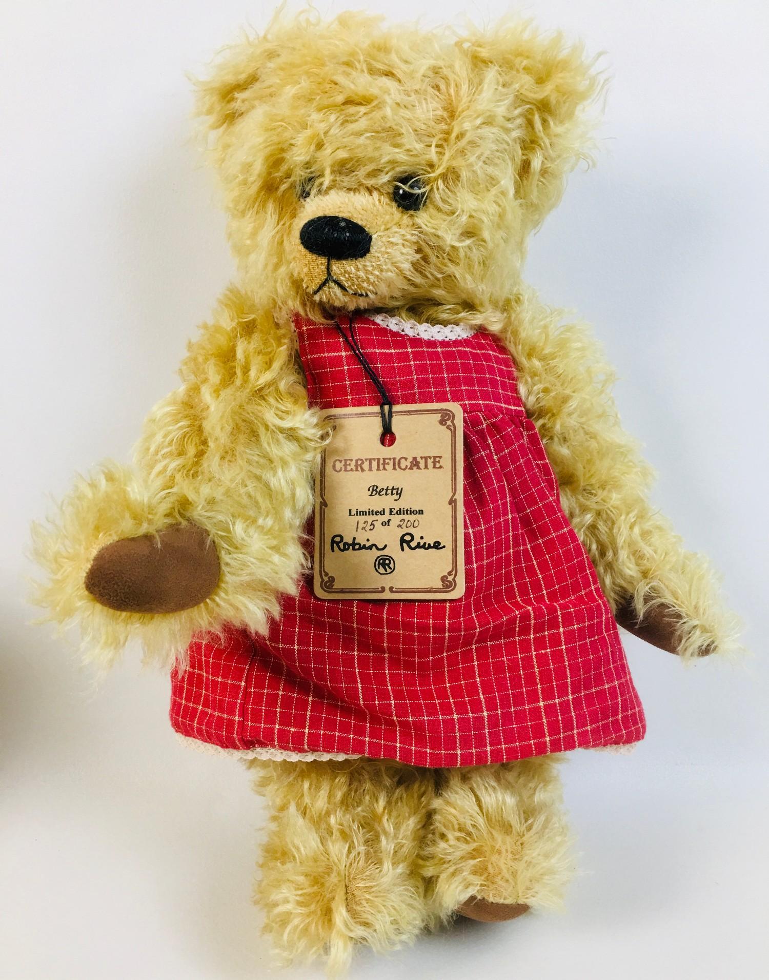 A group of three soft toy teddies, comprising a limited edition Robin Rive Betty teddy in a red - Image 2 of 7