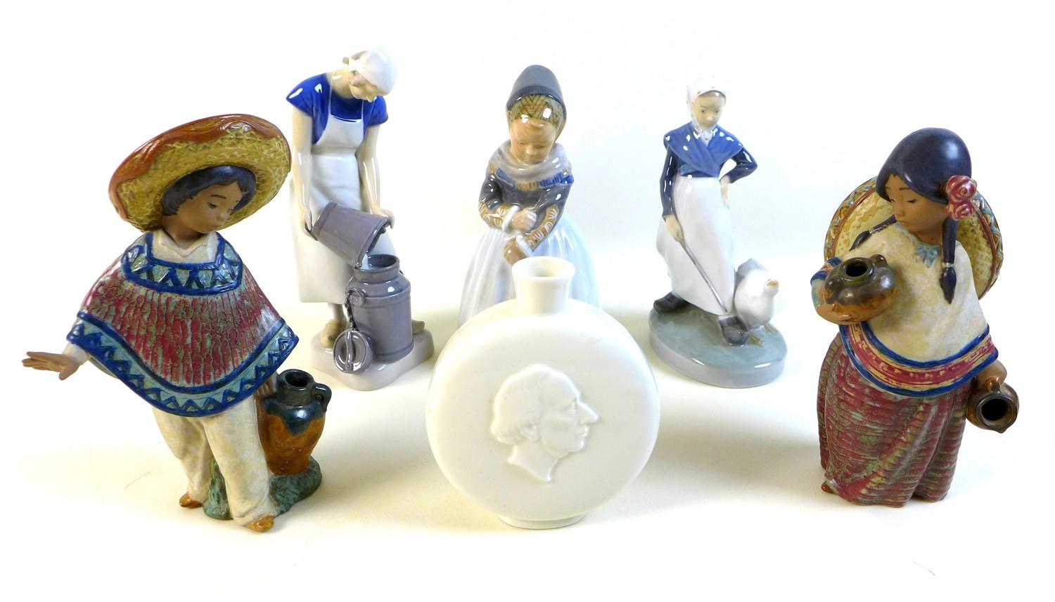 A group of five figurines and a moon flask, comprising Lladro figurine 'Pedro with jug' matte,