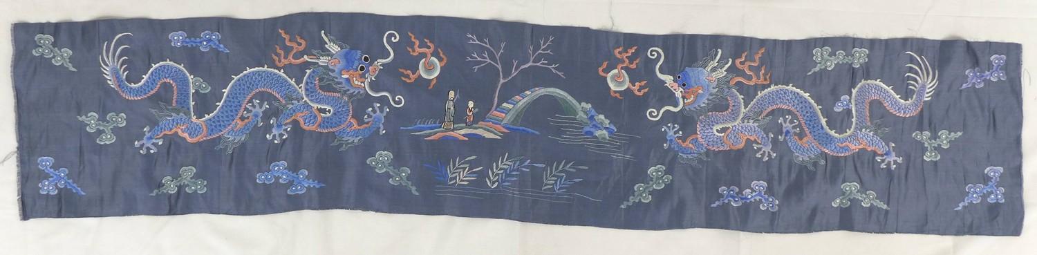 A group of six Chinese and South East Asian textile panels, including one with dragons on a blue - Image 3 of 14