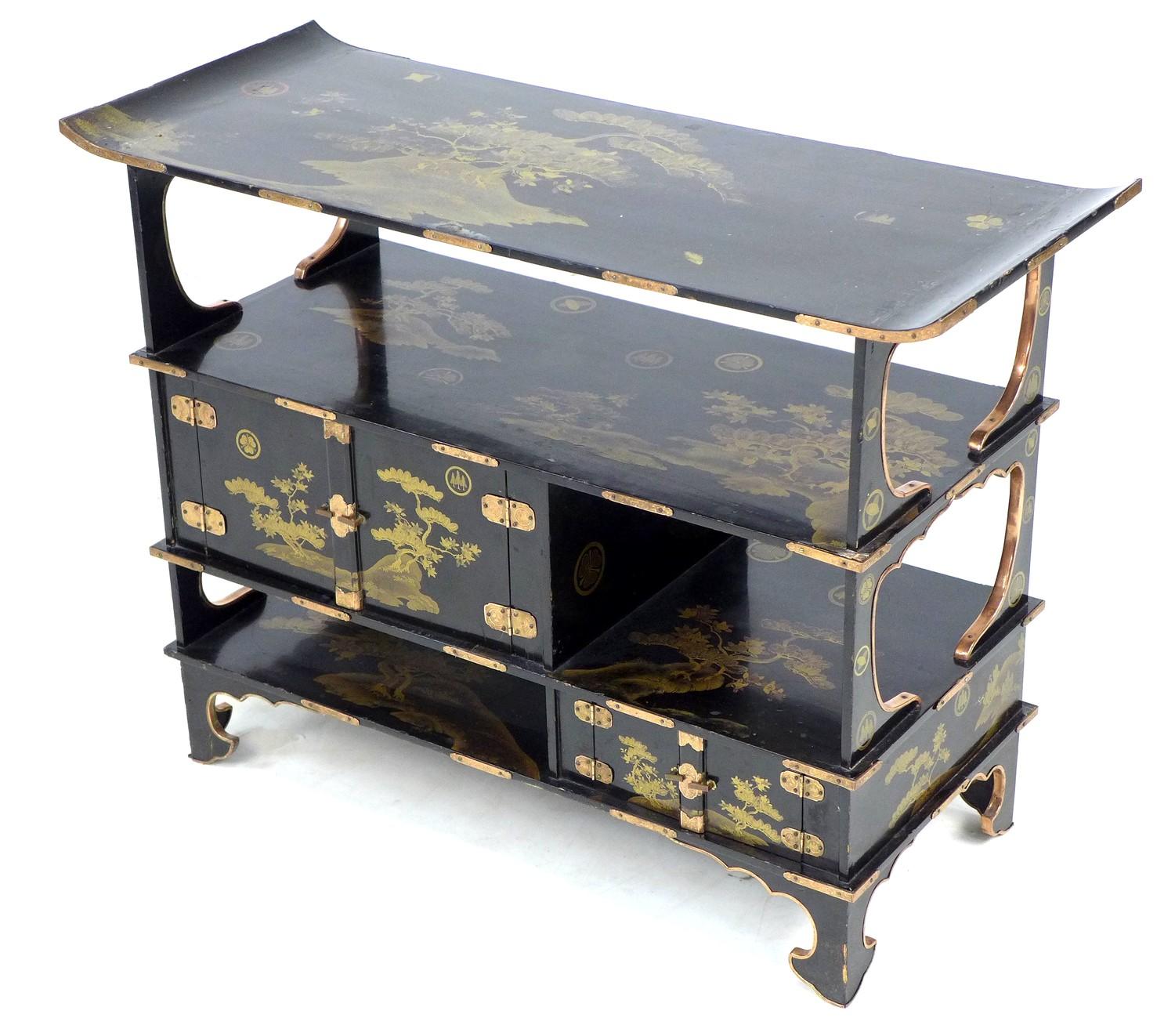 A low Japanese black lacquer shelf unit, Meiji period, with engraved copper mountings, decorated - Image 2 of 9